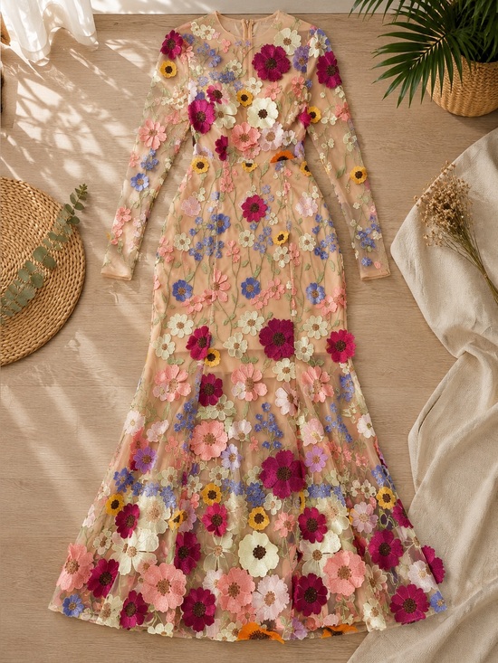 Urban Nua Dresses & Skirts - Nude Floral Appliqué Maxi Dress with Multicolor Blooms